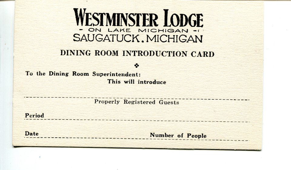 Westminister Lodge dining room Instruction card